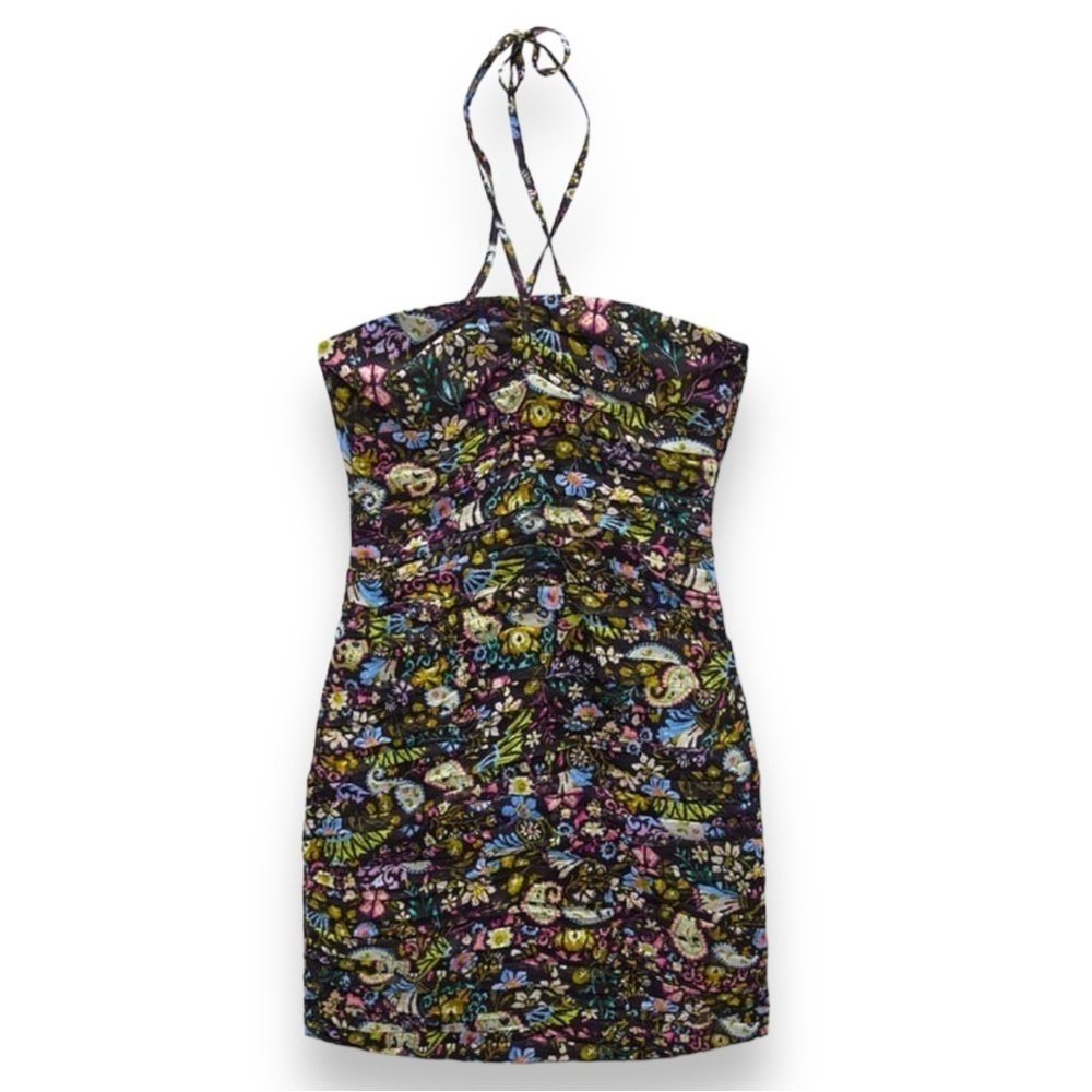 Zara Dress‎ Mini Floral Strapless Bodycon Black Pink Blue Tiered Print Size XS